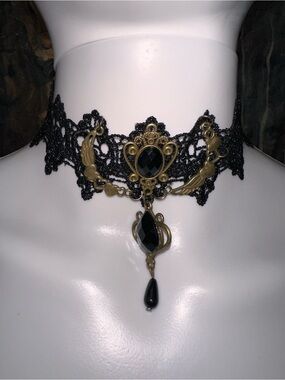 2️⃣ Style #1 Black Lace Gothic Choker with Antique Style Gold Accents New